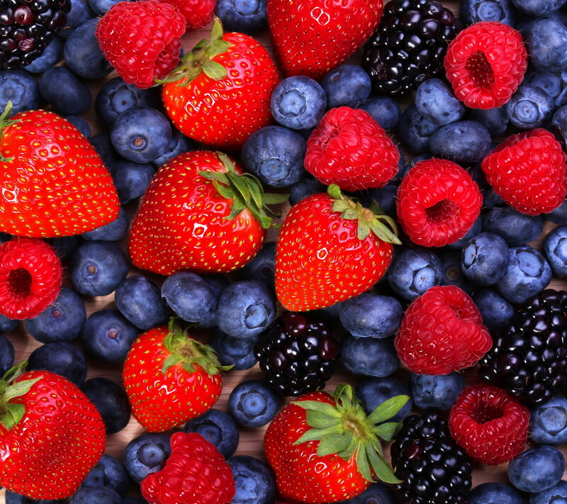 Mixed Berries on Wood — Red, Fresh, Photograph, Strawberries, Raspberries