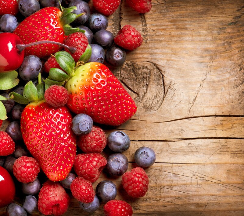 Mixed Berries on Wood — Red, Natural, Photograph, Strawberries, Blueberries