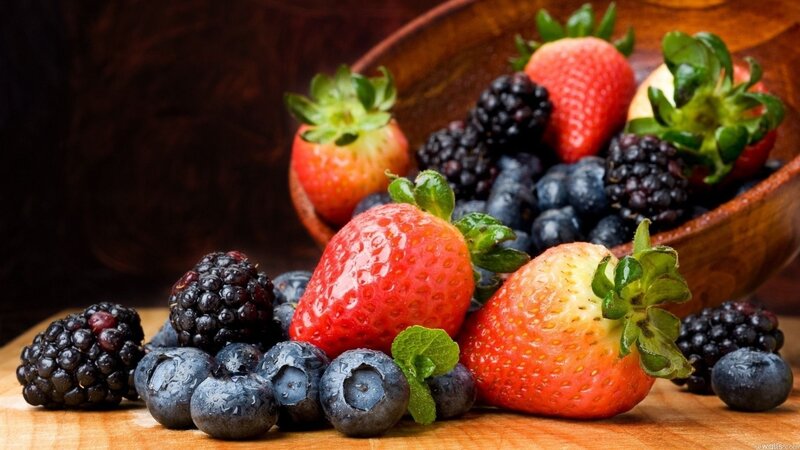 Mixed Berries on Wood — Red, Natural, Photograph, Strawberries