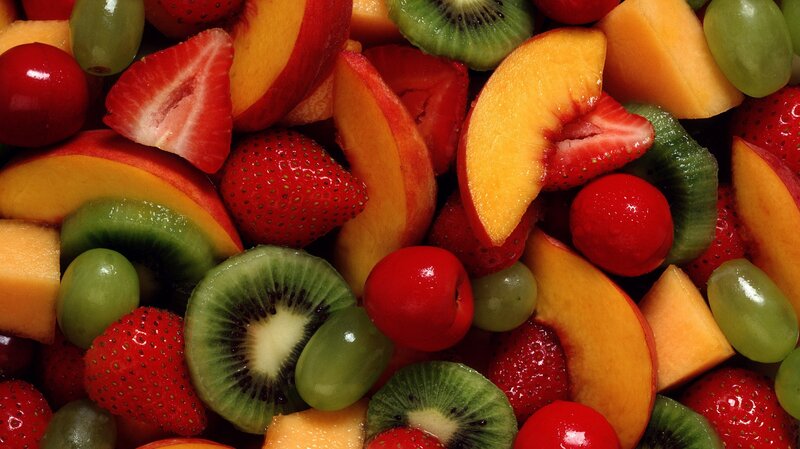 Mixed Fruit Salad — Red, Fresh, Photograph, Strawberries, Kiwi, Grapes, Peaches