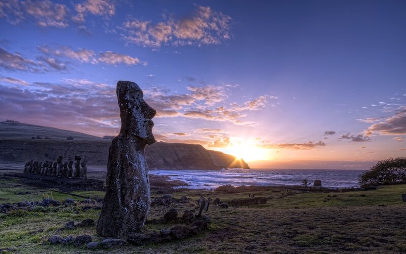 Moai Statue at Sunset — Blue, Serene, Photograph, Ocean, Cliffs, Sky