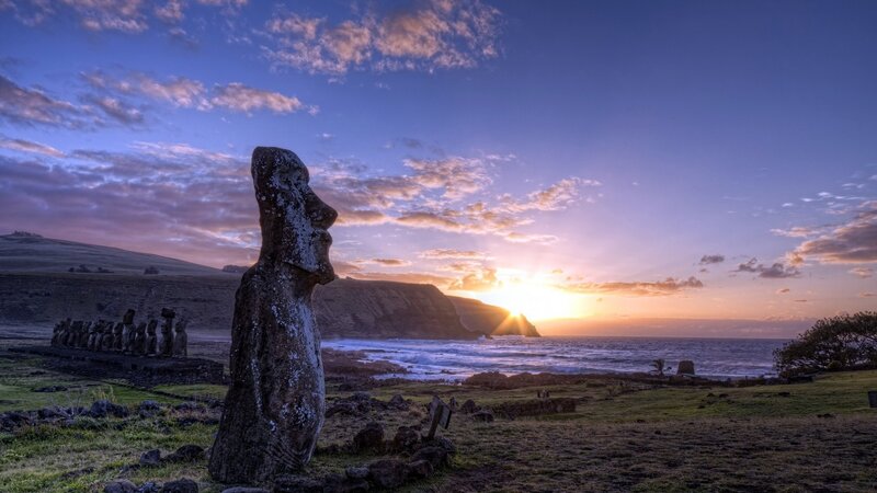 Moai Statue at Sunset — Blue, Serene, Photograph, Ocean, Cliffs