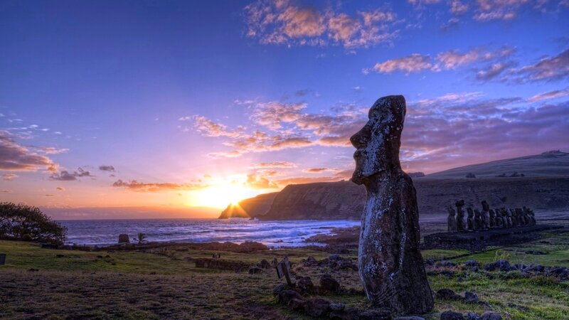 Moai Statue at Sunset — Blue, Serene, Photograph, Ocean