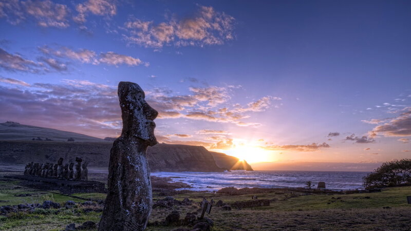 Moai Statue at Sunset — Blue, Serene, Photograph