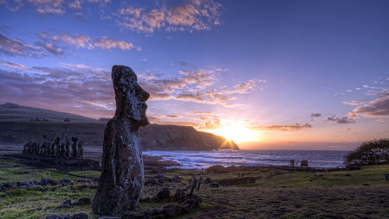 Moai Statue at Sunset — Blue, Serene