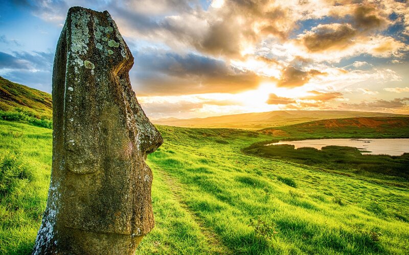Moai Statue on Grass — Green, Serene