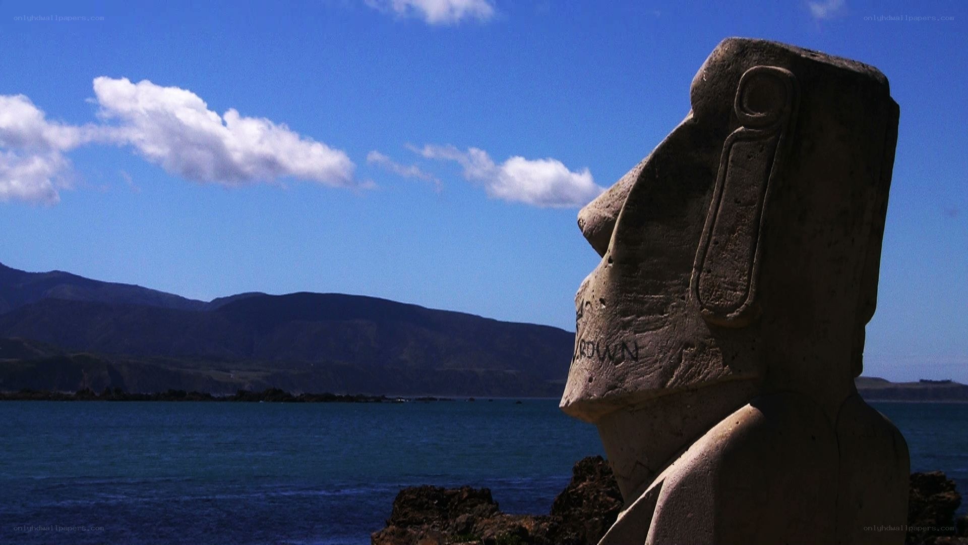 Moai statue overlooking the sea