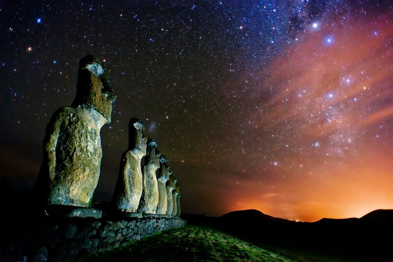 Moai Statues at Night — Black, Dramatic, Photograph, Stars