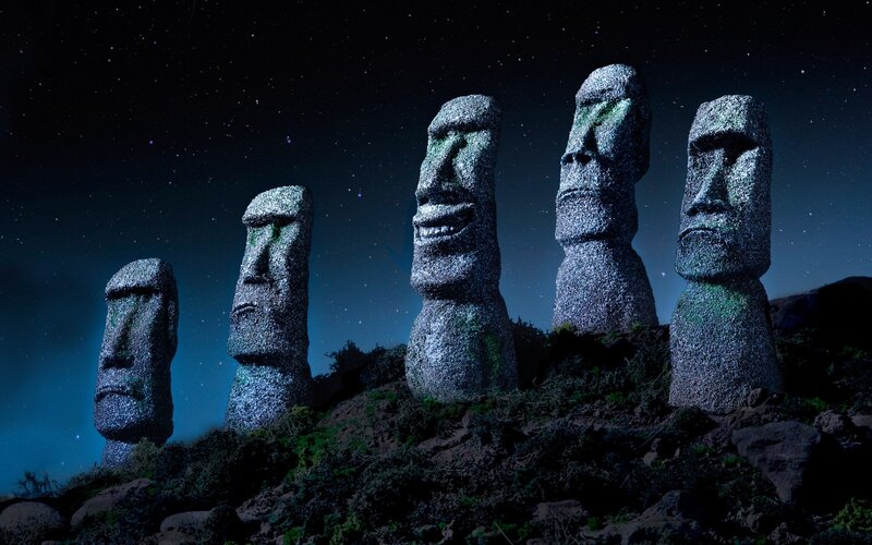 Moai Statues at Night — Black, Dramatic, Photograph