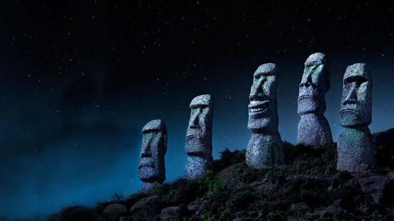 Moai Statues at Night — Black, Mysterious