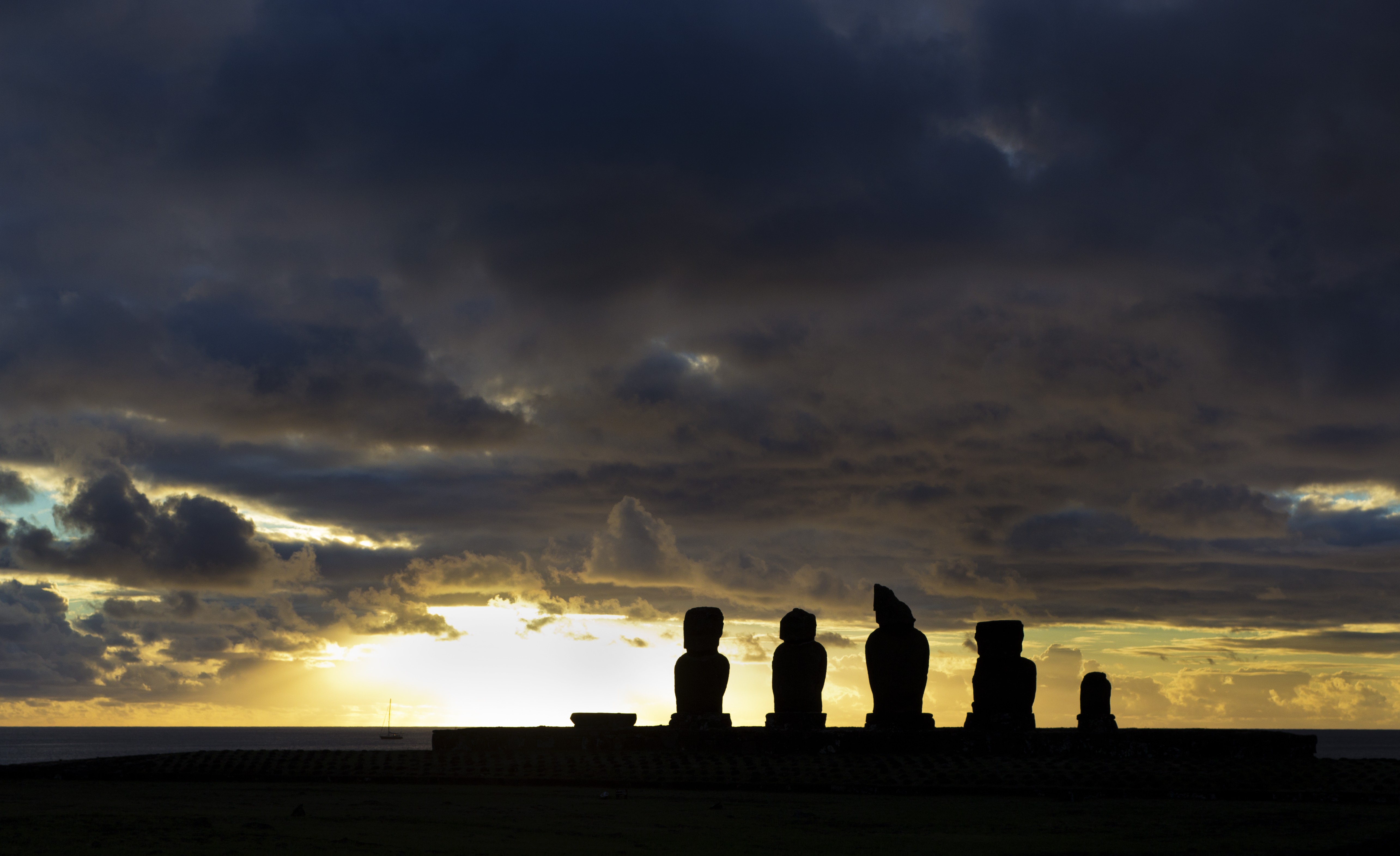Moai statues at sunset