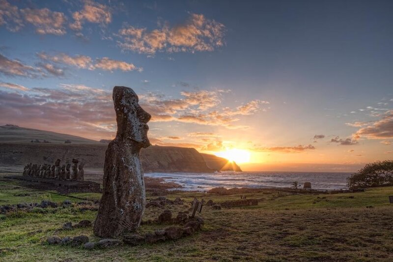 Moai statues at sunset