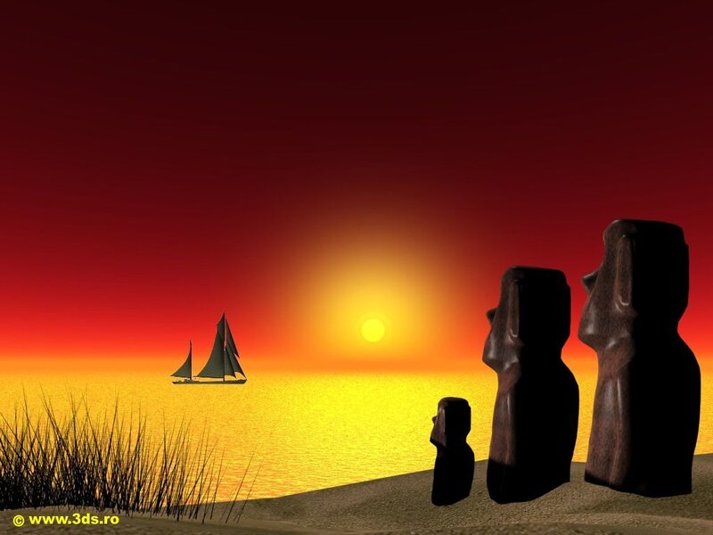Moai statues at sunset