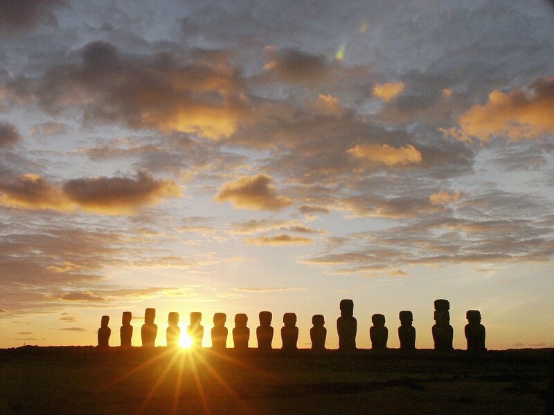 Moai statues at sunset
