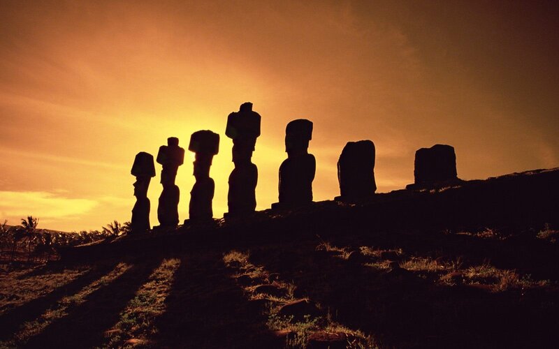 Moai statues at sunset