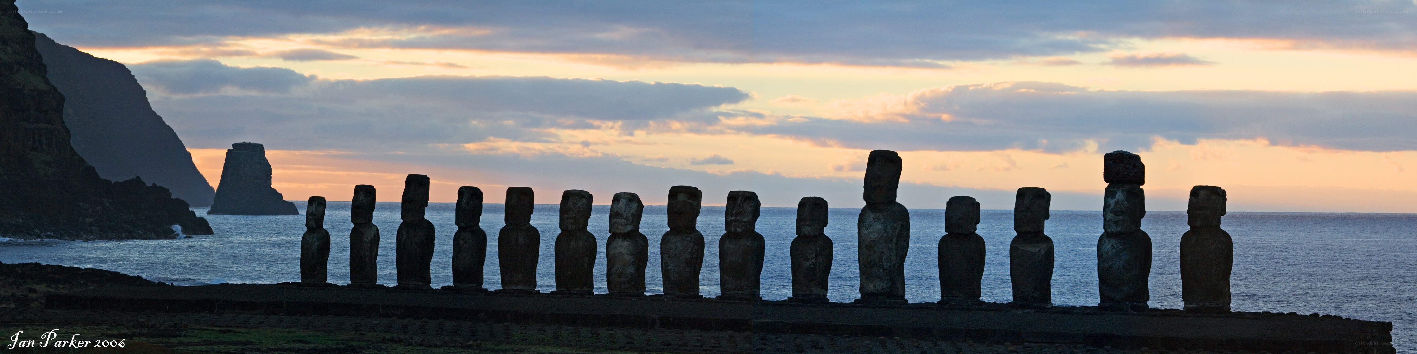 Moai statues at sunset