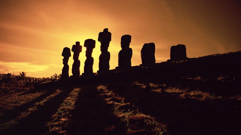 Moai statues at sunset