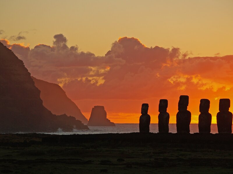Moai statues at sunset