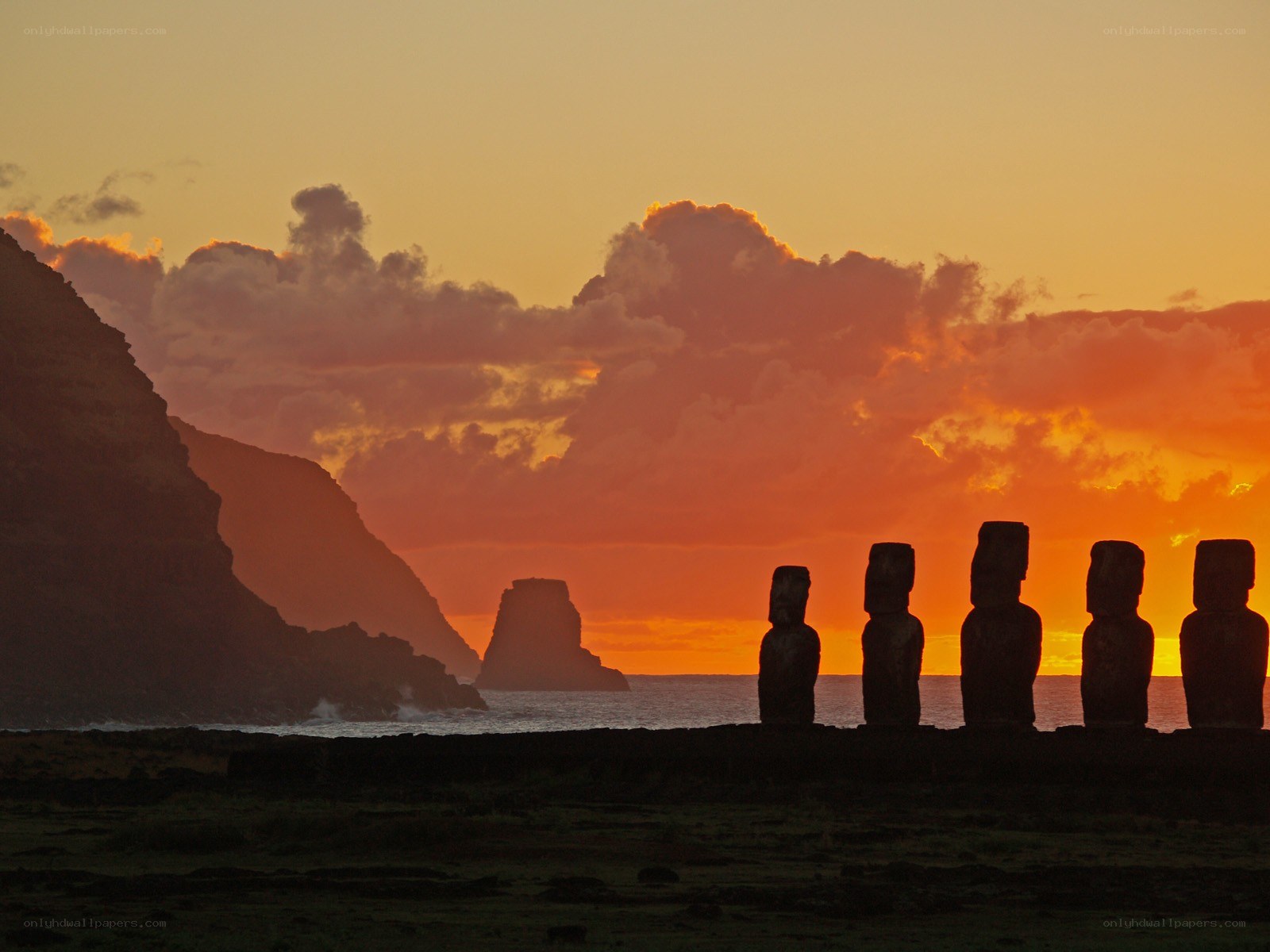 Moai statues at sunset