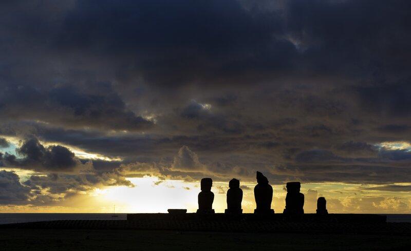 Moai Statues at Sunset — Black