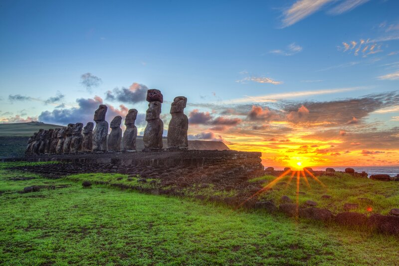 Moai Statues at Sunset — Green