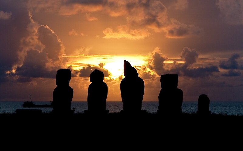 Moai Statues at Sunset — Orange, Dramatic, Photograph, Ocean, Sky, Clouds