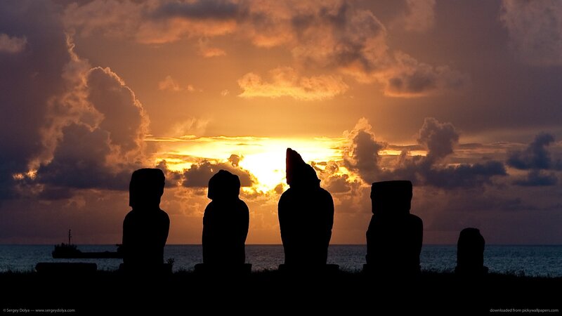Moai Statues at Sunset — Orange, Dramatic, Photograph, Ocean, Sky