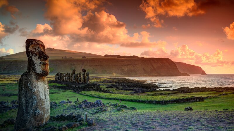 Moai Statues at Sunset — Orange, Dramatic, Photograph, Ocean