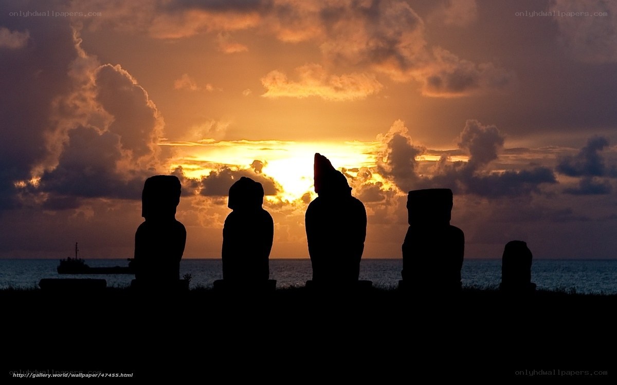 Moai statues at sunset