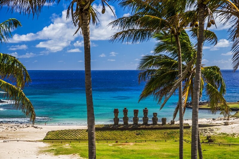 Moai Statues on Beach — Blue