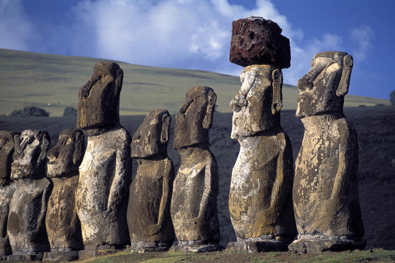 Moai Statues on Easter Island — Blue, Serene, Afternoon, Photograph