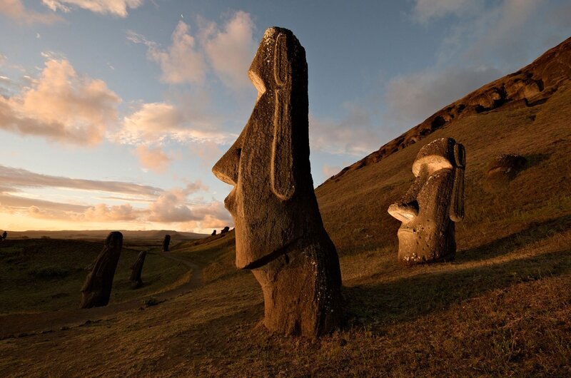 Moai Statues on Easter Island — Brown, Dramatic, Sunset