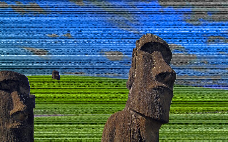 Moai Statues on Grass — Blue