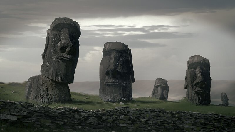 Moai Statues on Grass — Gray