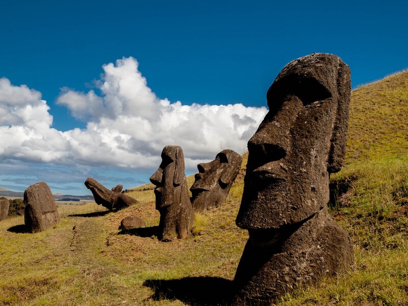 Moai Statues on Grassy Hill — Blue
