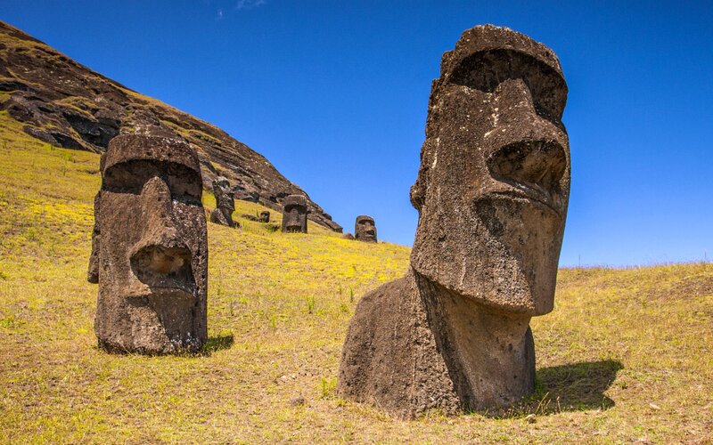 Moai Statues on Hillside — Blue
