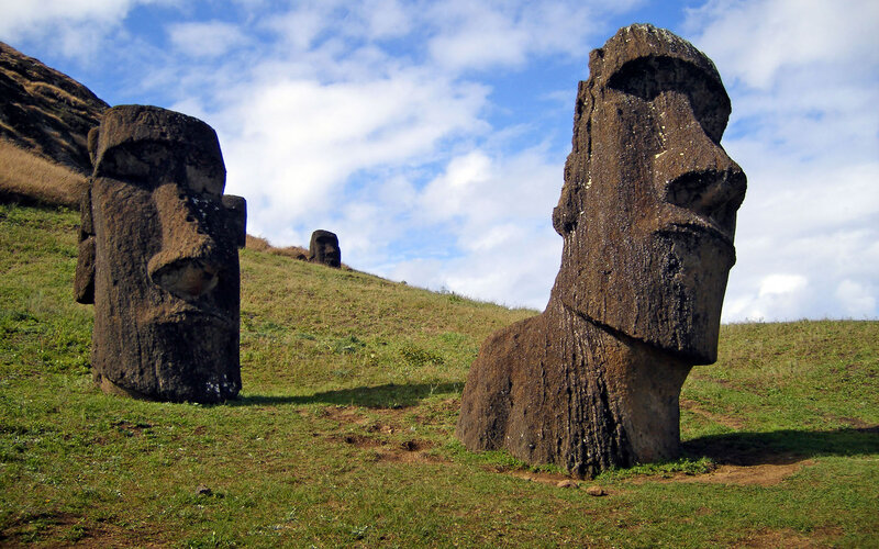 Moai Statues on Hillside — Green, Serene, Afternoon, Photograph, Grass, Sky, Clouds, Blue