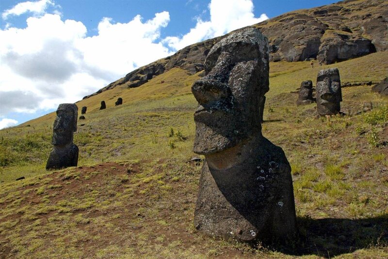 Moai Statues on Hillside — Green, Serene, Afternoon, Photograph, Hills