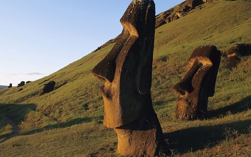 Moai Statues on Hillside — Green, Serene, Morning, Photograph