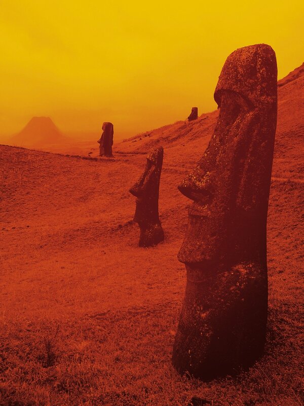 Moai Statues on Hillside — Orange, Dramatic