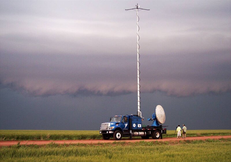 Mobile weather radar truck in field