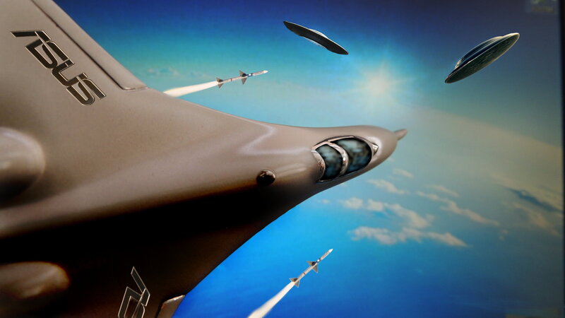 Model Airplane in Flight — Blue, Dramatic