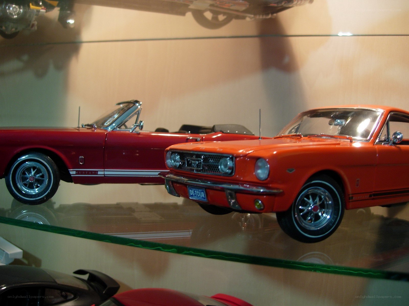 Model cars in display case