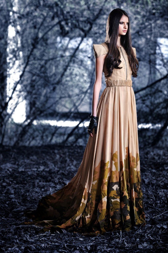 model in camouflage gown