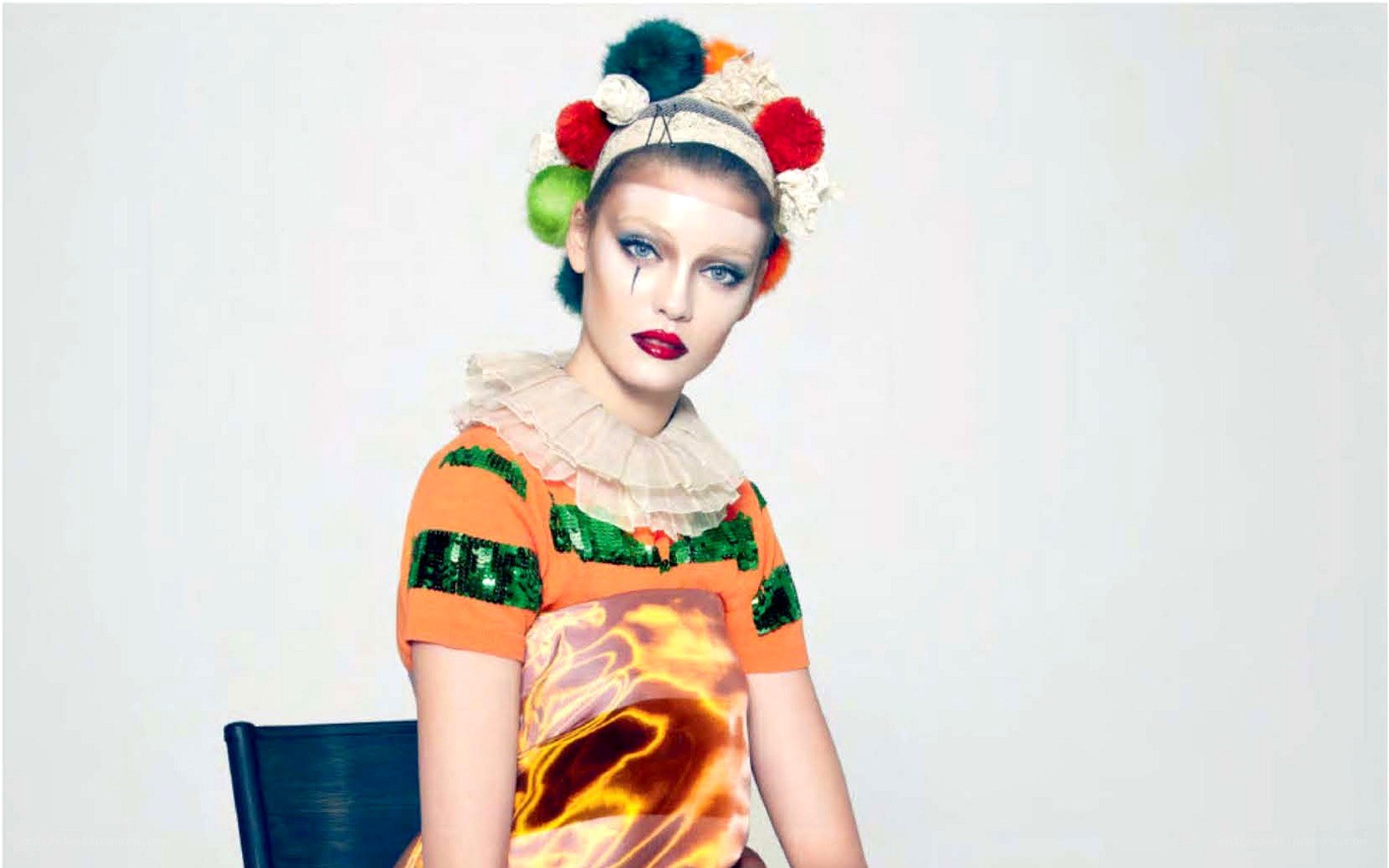 model in clown-inspired outfit