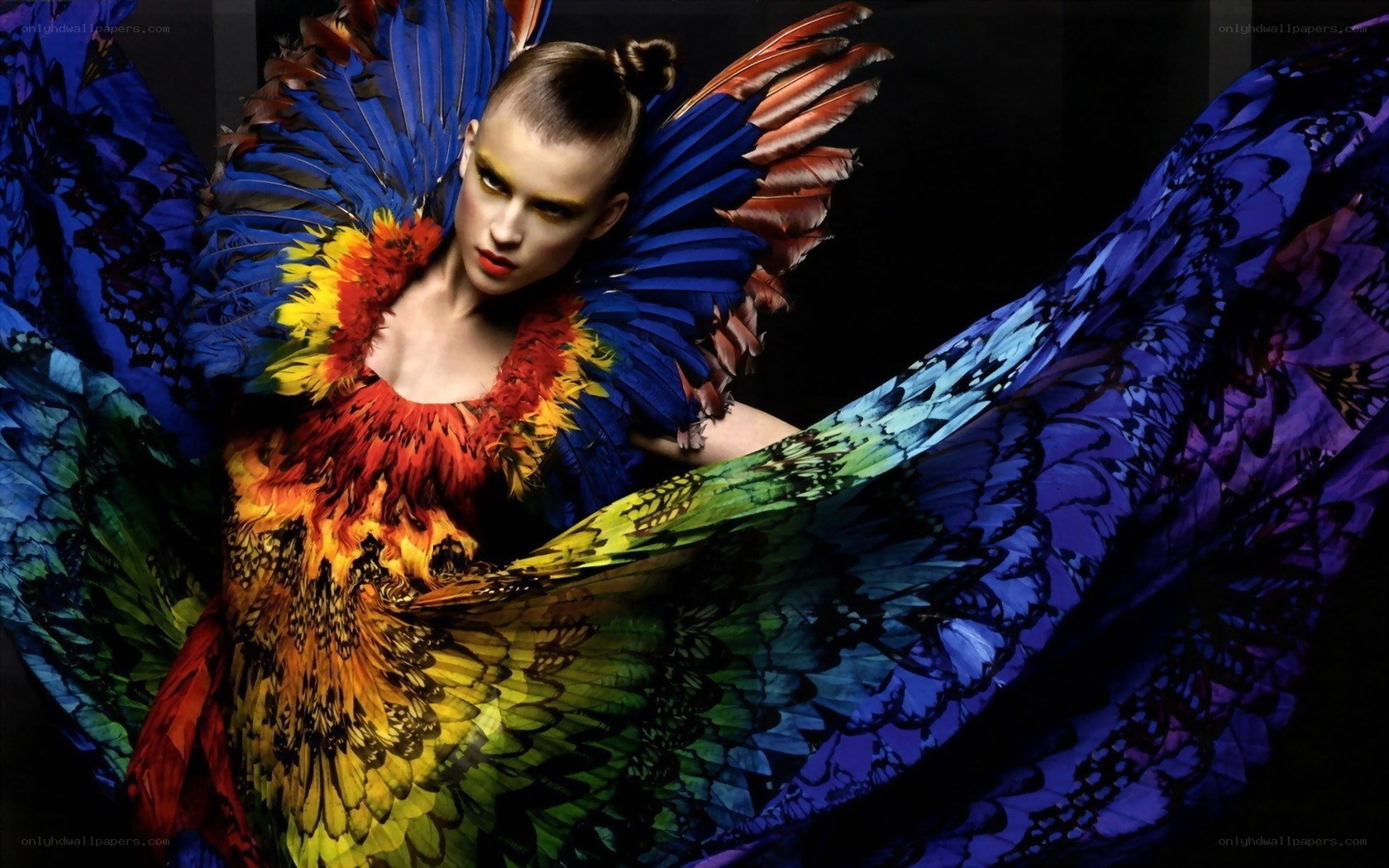 model in colorful feather costume