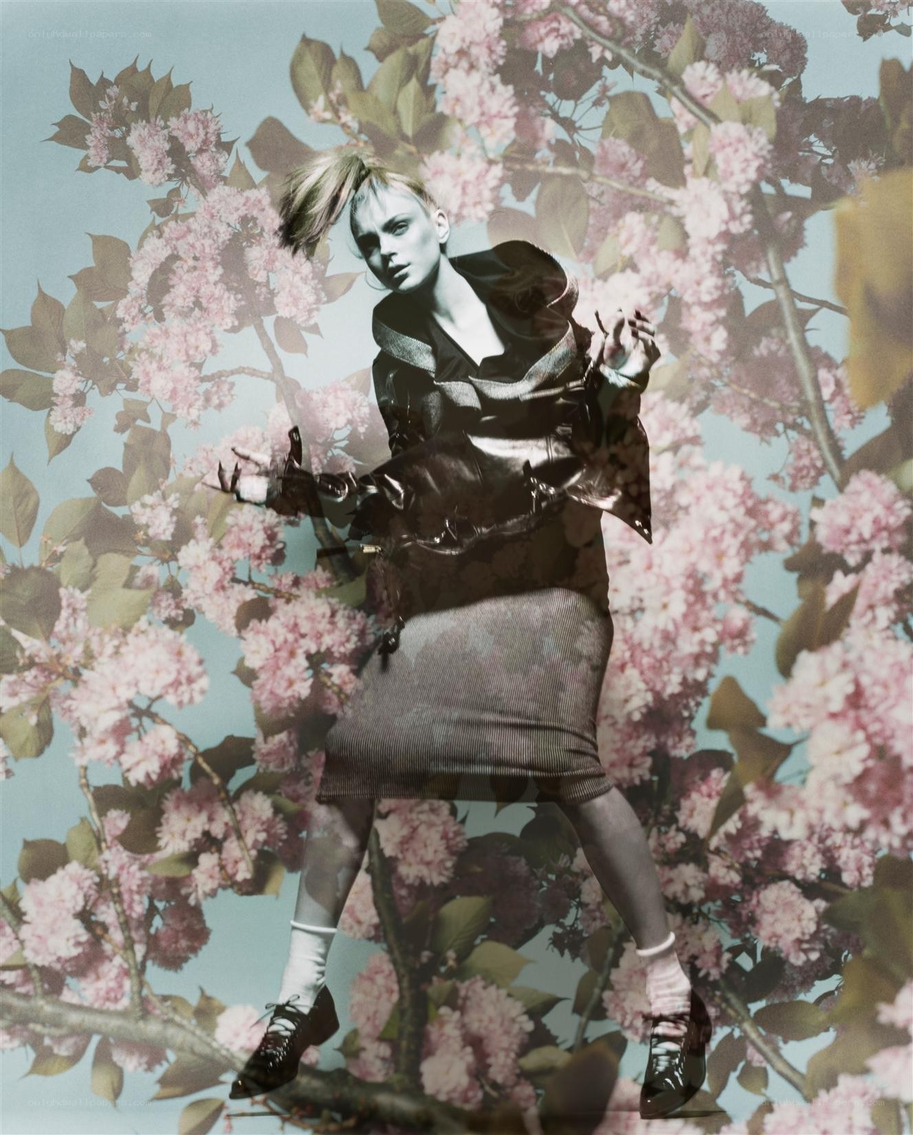 model in floral overlay
