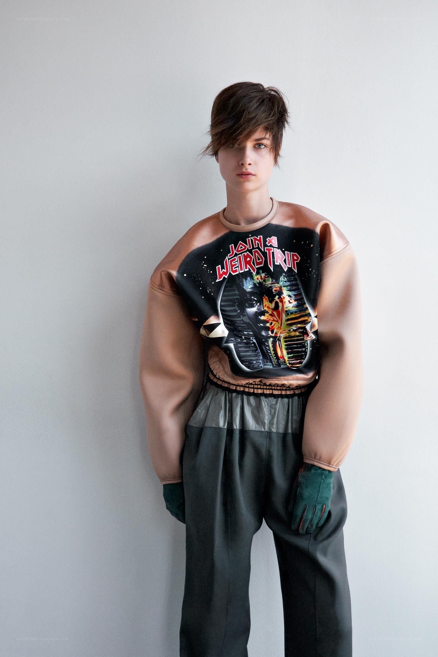 model in graphic sweatshirt