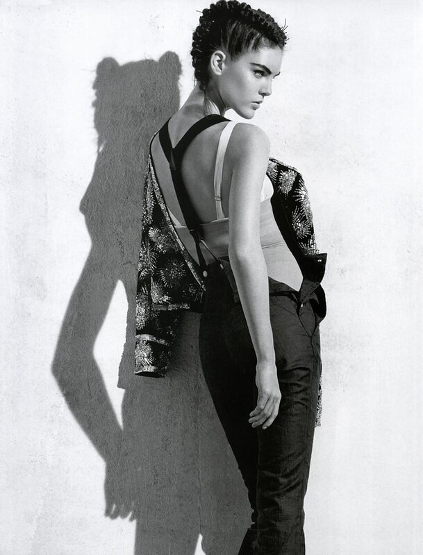 model in patterned jacket