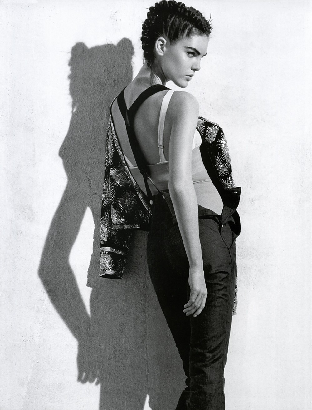 model in patterned jacket